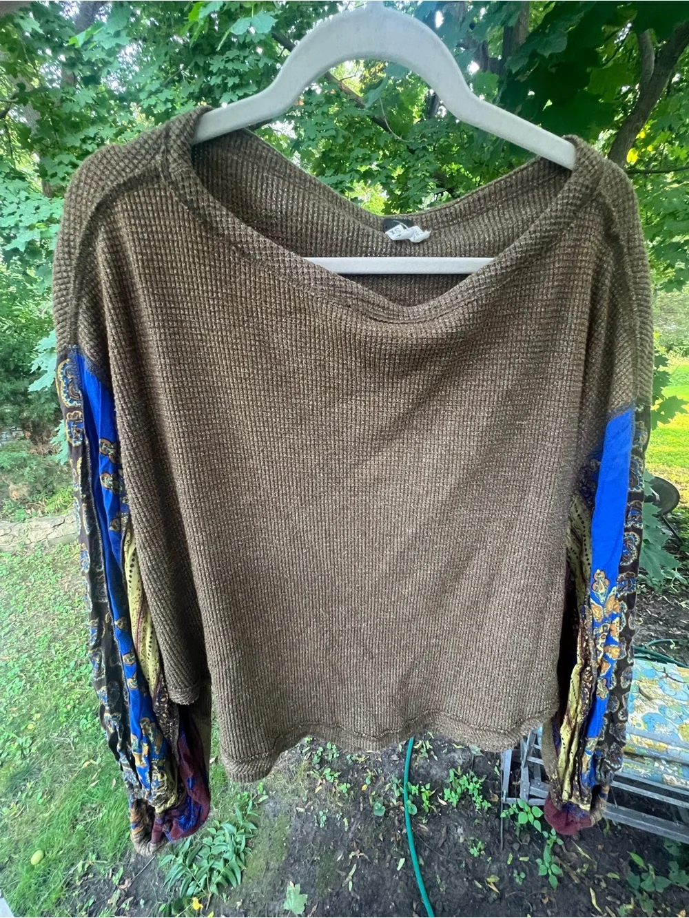 Free People Brown Knit Sweater with Bold Blue Patterned Sleeves